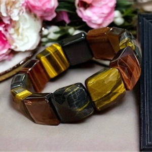 - Kalifano Multi color Heavy Faceted Tiger eye gemstone bangle stretchy br…