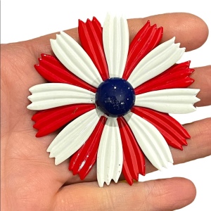 Vintage 1950s red white & blue large metal flower brooch