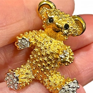 - Vintage 1980s Butler FAC gold finish crystal textured bear brooch