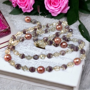 Vintage C1950s 2 strand crystal faux pearl purple fancy crystal necklace