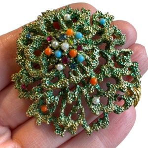 Vintage DORLAN multicolor bead and green finish brooch modernist christmas tree