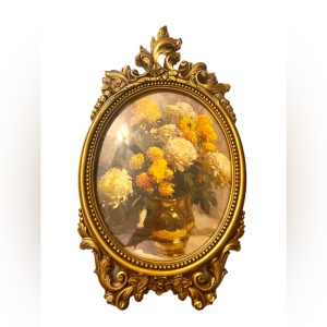 - Large Vintage Syroco 1960s gold gilt flower picture framed glass