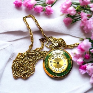 Vintage Caravelle Necklace watch green enamel bird flowers