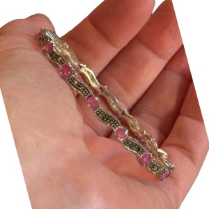 Rhodium plate ruby composite & marcasite fancy latched bangle bracelet