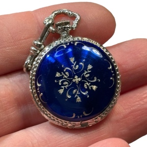 Vintage blue scrolled enamel CARAVELLE necklace pocket watch silver finish