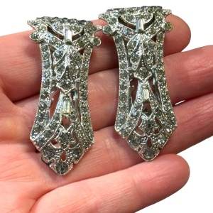 Antique rhodium plated rhinstone crystal art deco shoe fur clip set