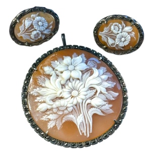 Antique carved shell cameo flowers bouquet brooch pendant earrings Deco 1920s