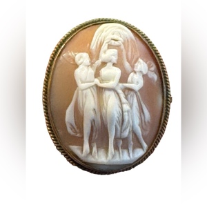 Antique 3 graces brassy gold finish large carved shell cameo brooch