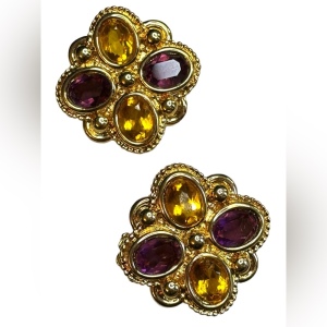 Vintage gold plated NINA RICCI purple & amber crystal magestic earrings